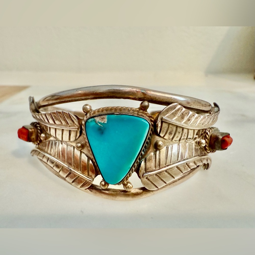 Sterling Silver Turquoise and Coral Leaf Bracelet
